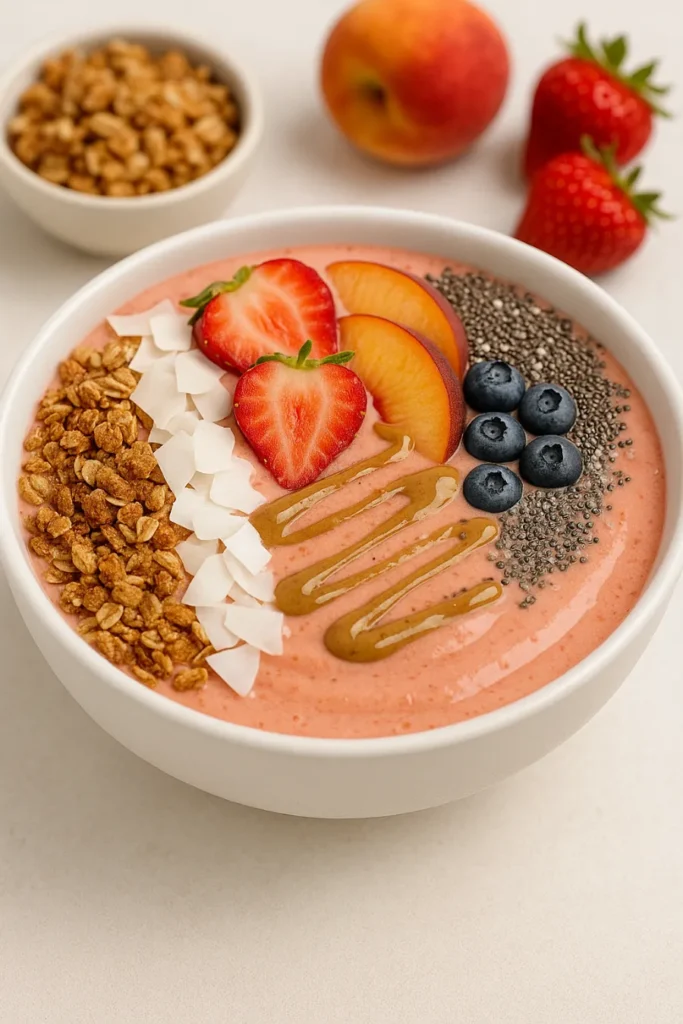 strawberry peach smoothie in bowl