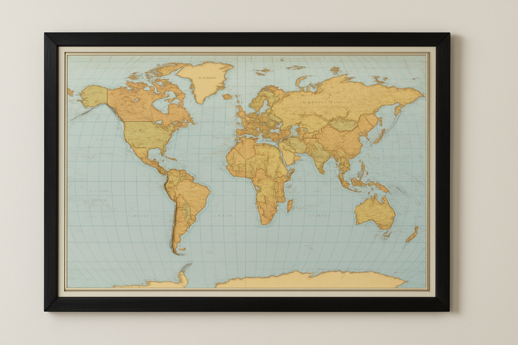 A_framed_map_of_the_world_hangs_on_a_plain,_off-wh