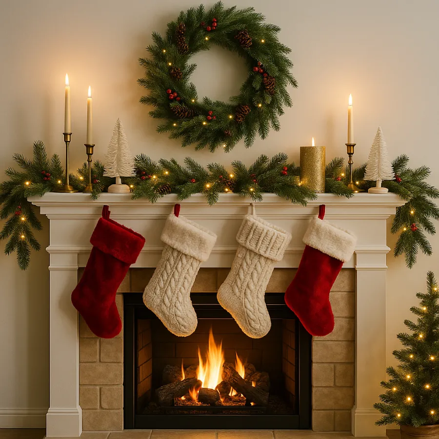 christmas mantel decor with candle