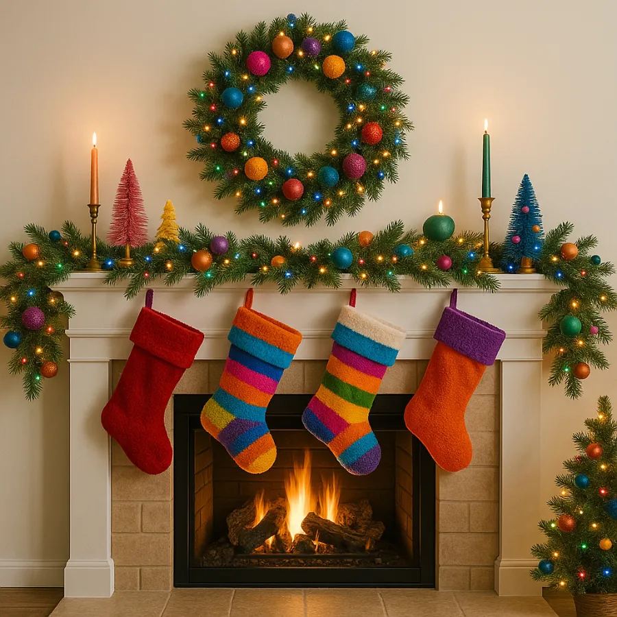 christmas mantel decor coloful