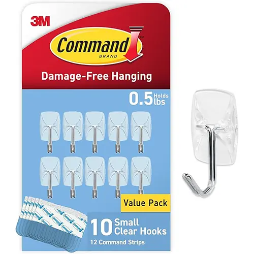 Command Small Clear Wire Toggle Hooks, 10 Hooks and 12 Command Strips
