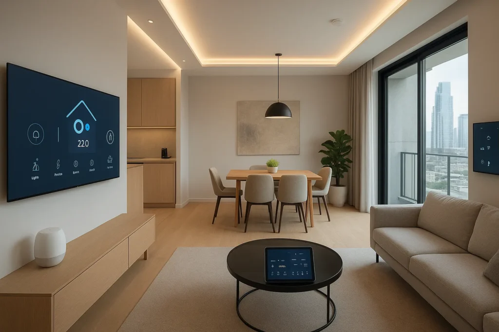 Modern smart home interior in Dubai featuring automated lighting