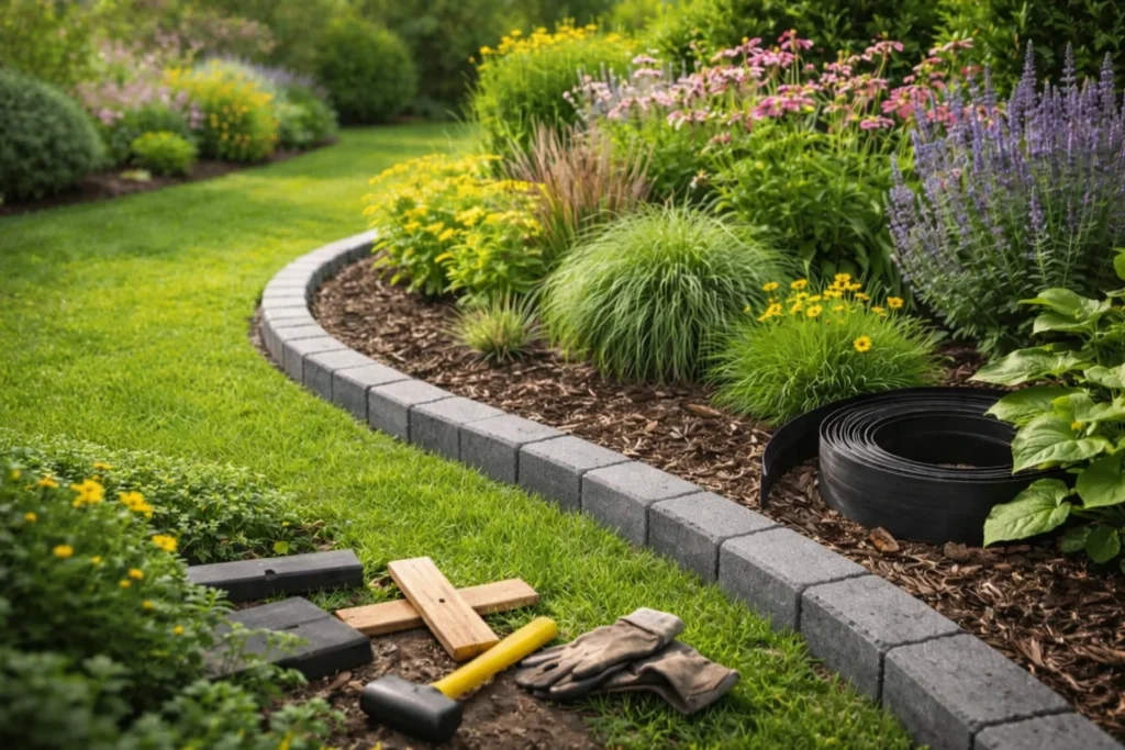 Curved garden edging with tools
