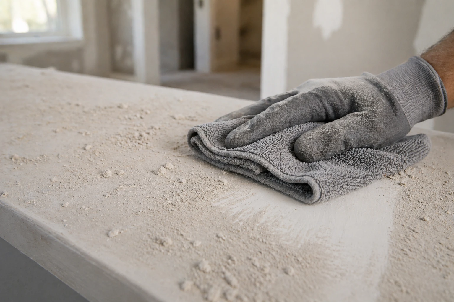 Close-up of a microfiber cloth cleaning a dusty surface, or a vacuum being used in a renovated space