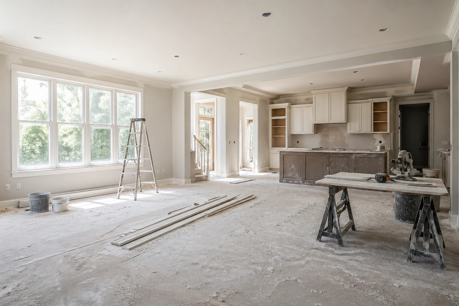 Wide shot of a freshly renovated room with a fine layer of construction dust on the floor and surfaces cleanup