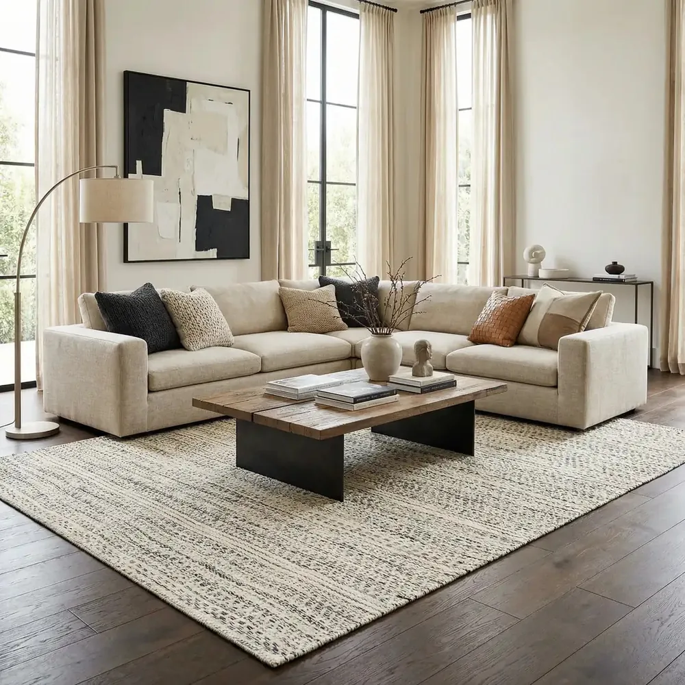 Light patterned area rug under a cream sectional in a bright living room with large windows