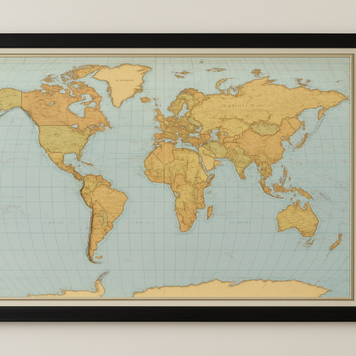 A_framed_map_of_the_world_hangs_on_a_plain,_off-wh