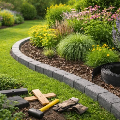 Curved garden edging with tools