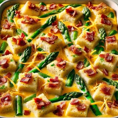 bacon, asparagus, and cheddar egg strata