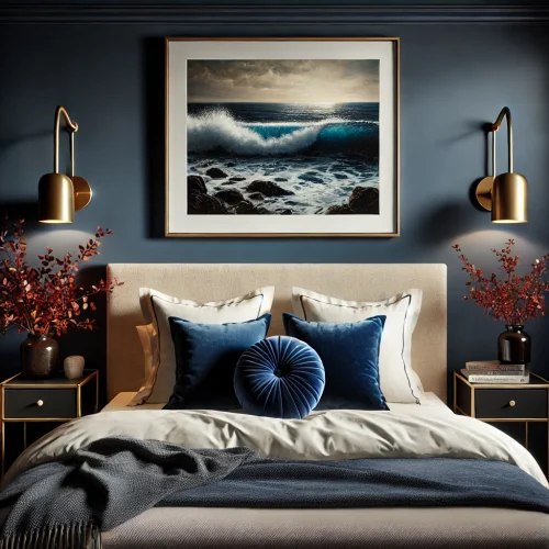 bedroom with a deep navy blue accent wall