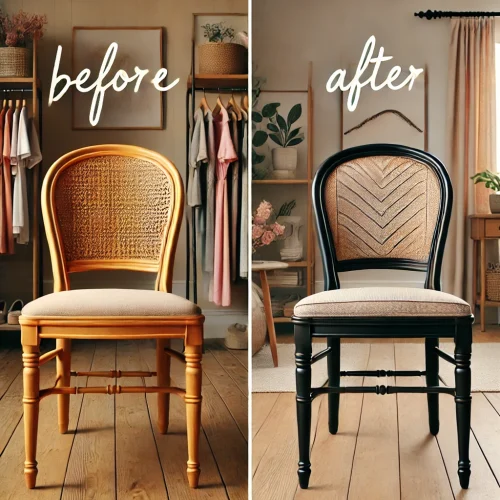 before-and-after comparison of a vintage wooden dining chair makeover