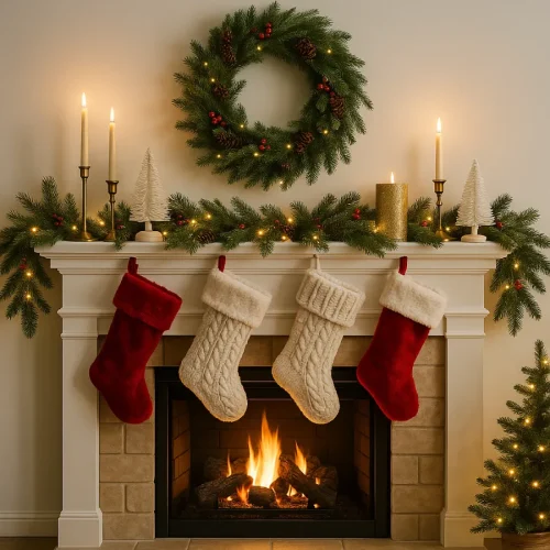 christmas mantel decor with candle