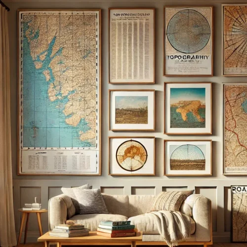 gallery wall of framed maps