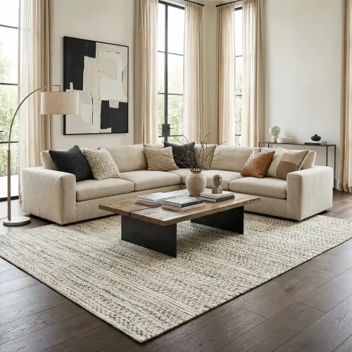 Light patterned area rug under a cream sectional in a bright living room with large windows