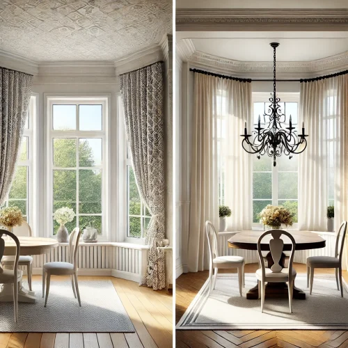 side-by-side dining rooms with bay windows