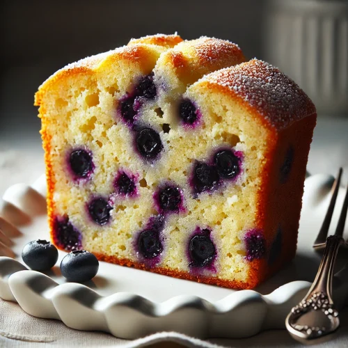 single slice of moist blueberry lemon pound cake