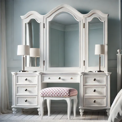 wooden vanity with a three-panel mirror